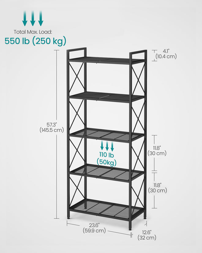 SONGMICS 5-Tier Metal Storage Rack, Shelving Unit with X Side Frames, Dense Mesh, 12.6 x 23.6 x 57.3 Inches, for Entryway, Kitchen, Living Room, Bathroom, Industrial Style, Ink Black UBSC165B01 🍁 All In One Marketplace Canada