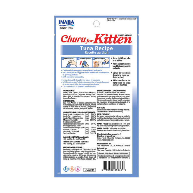 INABA Churu for Kittens, Creamy, Purée Lickable Cat Treats with DHA, EPA, Vitamin E & Taurine, 14 Grams Each, 24 Tubes (4 per Pack), Tuna Recipe 🍁 All In One Marketplace Canada