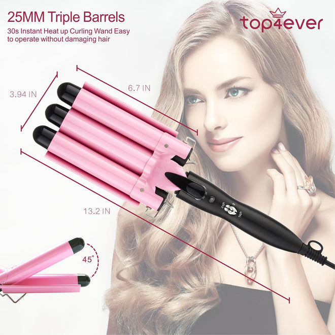 3 Barrel Curling iron Hair Waver, TOP4EVER 25mm Professional Ceramic Hair Curler with Two Temperature Control, Fast Heating 1inch Triple Barrel Crimper Wand for Waving Hair 🍁 All In One Marketplace Canada