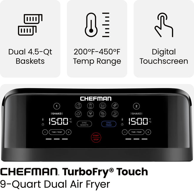 Chefman TurboFry 9-Qt. Dual-Basket Air Fryer with Sync Finish, One-Touch Digital Control, & Shake Reminder for Quick, Healthy, Family-Sized Meals, Black 🍁 All In One Marketplace Canada