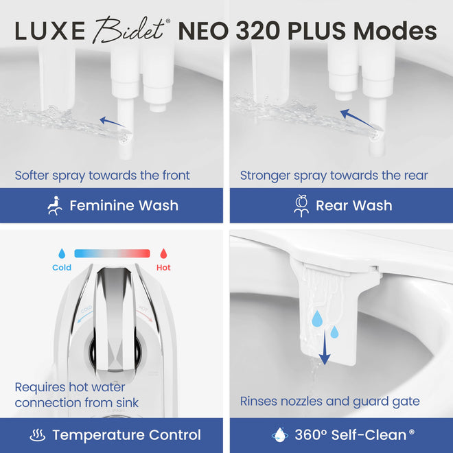 LUXE Bidet NEO 320 Plus - Warm Water, Dual Nozzle, Non-Electric Bidet Attachment for Toilet Seat, Patented Slide-in Install, 360° Self-Clean, EZ-Lift to Clean, Feminine & Rear Wash (Chrome) 🍁 All In One Marketplace Canada