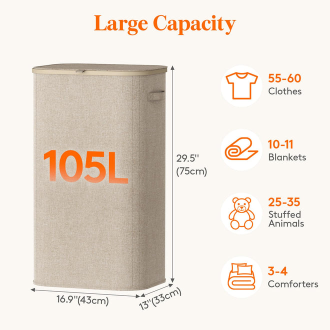 Lifewit 105L Laundry Basket with Lid, Large Laundry Hamper with Handles and Removable Bag, Collapsible Tall Dirty Clothes Hamper for Laundry Room, Bedroom, Bathroom, Dorm, Beige 🍁 All In One Marketplace Canada