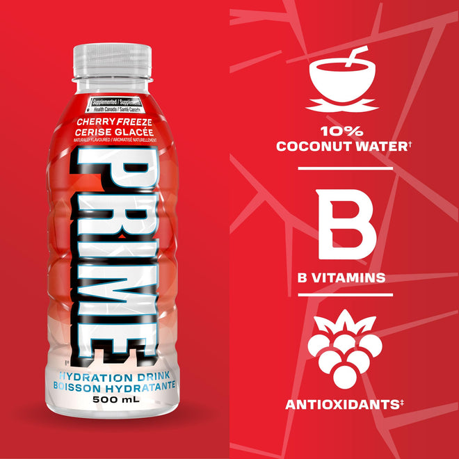 PRIME Hydration CHERRY FREEZE | Sports Drinks | Electrolyte Enhanced | B Vitamins | Antioxidants | 2g of Sugar | 500 mL | 12 Pack 🍁 All In One Marketplace Canada