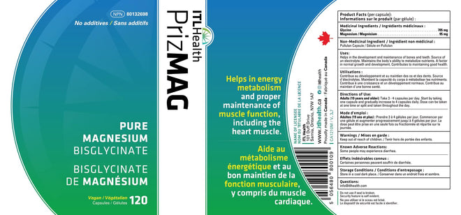 PrizMAG Pure Magnesium Bisglycinate, Magnesium Glycinate, 380mg of Mag Per Serving | Supports Muscle & Bone Health - Gentle on Digestion & High Absorption | Made in Canada - 120 Capsules 🍁 All In One Marketplace Canada