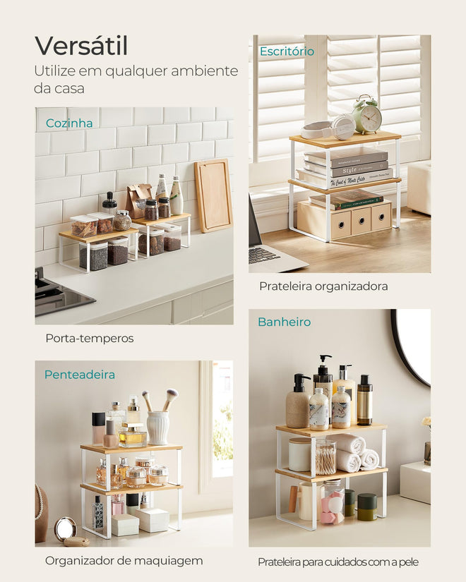 SONGMICS Cabinet Organizer Shelf, Set of 2 Kitchen Counter Shelves, Kitchen Storage, Spice Rack, Stackable, Expandable, Metal and Engineered Wood, Cloud White and Natural Beige UKCS02NW 🍁 All In One Marketplace Canada