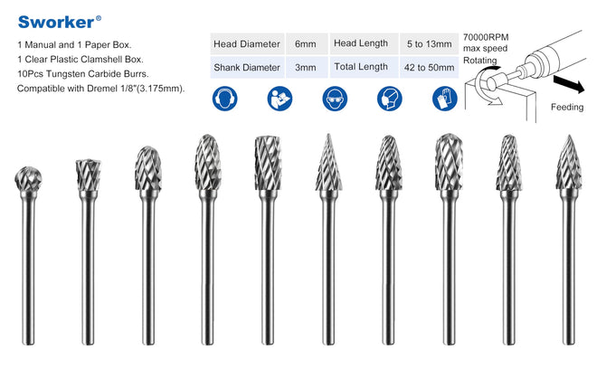 Sworker 10Pcs 1/8" Shank Carbide Burrs Set Bits Compatible with Dremel Metal Grinding Wood Stone Carving Cutting Engraving Grinder Kit Attachment Rotary Tool Accessories 🍁 All In One Marketplace Canada
