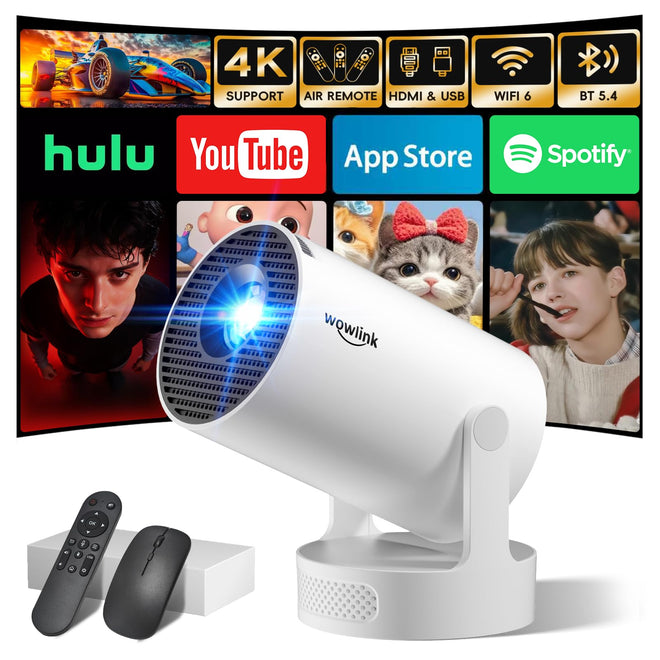 [Built-in Apps & 2026 Upgraded] Mini Projector with WiFi 6 and Bluetooth 5.4 Support 4K 1080P Auto Keystone 180° Rotatable Projector Portable Compatibile with HDMI/TV Stick/Memory Stick/Laptop, White 🍁 All In One Marketplace Canada