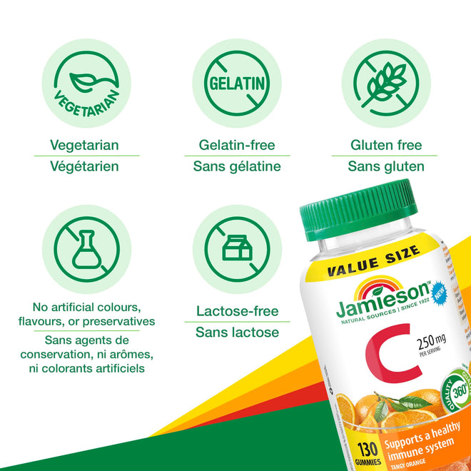 Jamieson Vitamin C 250 mg Gummies, 130 Gummies, Natural Tangy Orange Flavour, Supports Immune Health, Family Friendly (3+), Vegetarian, Non-GMO, No Artificial Flavours, Colours or Preservatives 🍁 All In One Marketplace Canada