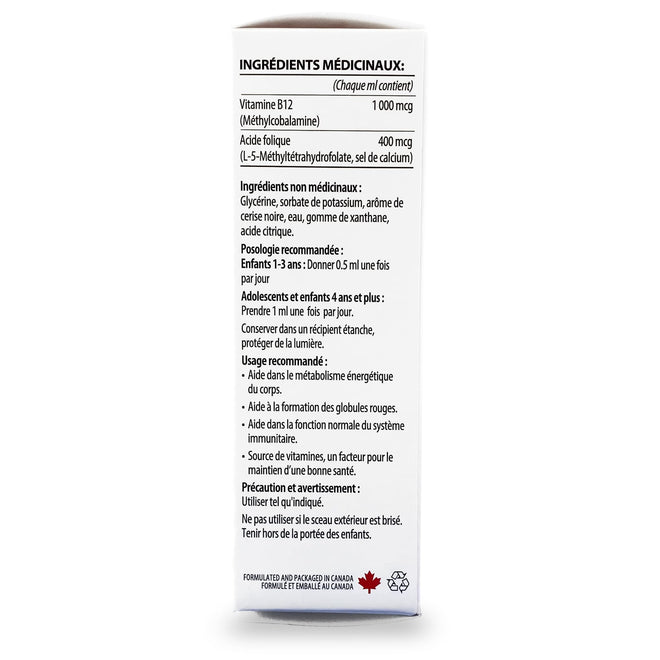 GNA Naturals Kids Vitamin B12 with Folate Supplement, 60ml - VitaminB12 Methylcobalamin 1000 mcg - Liquid Drops for Kids - Cherry Flavour- Methyl B12 Folate Supplement - Vitamin-B12-Complex – Vegan – For energy, metabolism and supports memory– Made in Can