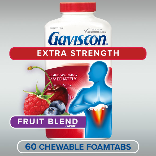 Gaviscon Extra Strength Tablets - 60 Count - Chewable Foaming Antacid Tablets for Day and Night Heartburn Relief, Acid Reflux and GERD Relief, Fruit Blend - Free of Aluminum, Lactose and Gluten 🍁 All In One Marketplace Canada