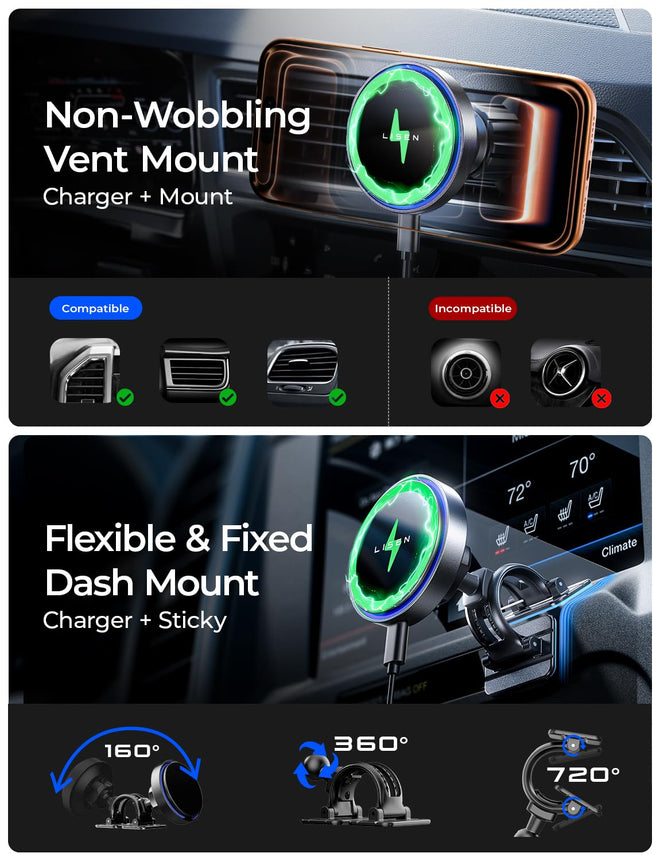 LISEN 15W for MagSafe Car Mount Charger【24 Strongest Magnets】 Phone Holder Car Magnetic Wireless Charger【360°】 Vent & Dashboard MagSafe Car Accessories for Mom for iPhone 17 Pro 16 15 14 13 🍁 All In One Marketplace Canada