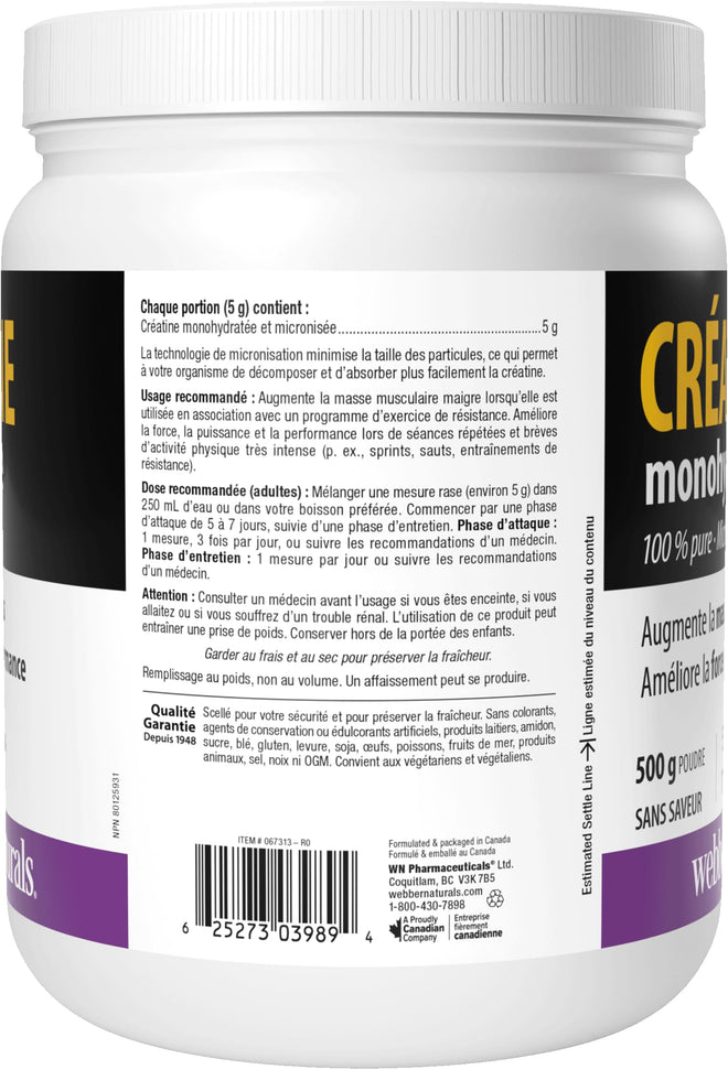 Webber Naturals Micronized Creatine Monohydrate Powder | 5g Per Serving | 100 Servings | Canadian-Made | Vegan | Supports Muscle, Strength & Performance | Unflavored | For Men & Women 🍁 All In One Marketplace Canada