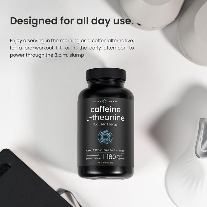 Caffeine Pills with L-Theanine - 180 Energy Pills for Women & Men - Clean & Long-Lasting Focused Energy - Sustained Release 100mg Caffeine + 200mg L Theanine - No Crash Capsules, Vegan Supplement 🍁 All In One Marketplace Canada