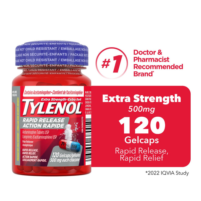 Tylenol Extra Strength Pain Reliever Medicine for Headache, Back Pain and to Reduce Fever, Acetaminophen Rapid Release Gelcaps, 500mg, 120 Gelcaps 🍁 All In One Marketplace Canada