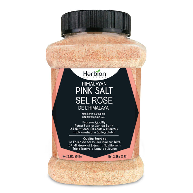 Herbion Naturals Himalayan Pink Salt - Fine Grain - 5 lb. (2.2 Kg) Unbreakable Jar - Kosher Certified - GMO-Free - Vegan - Supreme Quality - Chemical Free 🍁 All In One Marketplace Canada