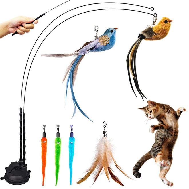 Cat Feather Toys, Cat Toys Wand, Interactive Cat Toy with Super Suction Cup, 2 PCS Cat Wand Toy and 6 PCS Feather Replacements with Bell, Interactive Cat Toy Kitten Toys for Indoor Play Chase Exercise (Natural) 🍁 All In One Marketplace Canada