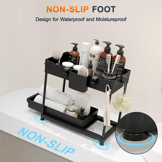 Sevenblue 4 Pack Under Sink Organizer and Storage,Bathroom Organizers, Multi-Use Under Sink Organizer for Bathroom and Kitchen with Sliding Drawer, Hang Hooks and Cup (Black, L) 🍁 All In One Marketplace Canada