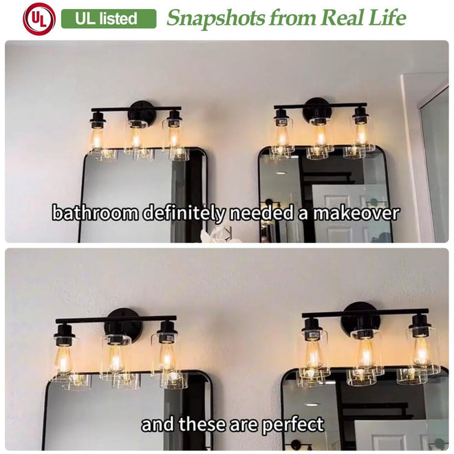 3-Light Bathroom Light Fixtures, Black Bathroom Wall Lights, Modern Bathroom Vanity Light with Clear Glass Shade, Bathroom Wall Lamp for Mirror Kitchen Bedroom Living Room 🍁 All In One Marketplace Canada