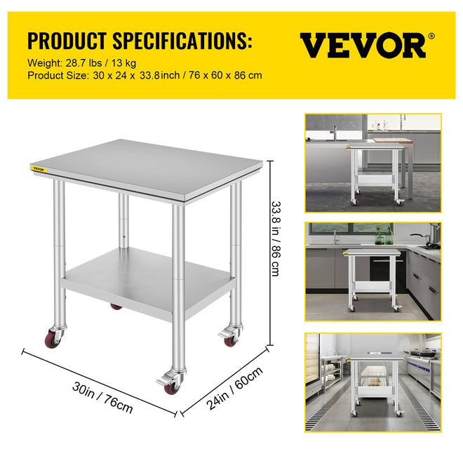 VEVOR Stainless Steel Work Table with Wheels 24 x 30 Prep Table with casters Heavy Duty Work Table for Commercial Kitchen Restaurant Business 🍁 All In One Marketplace Canada
