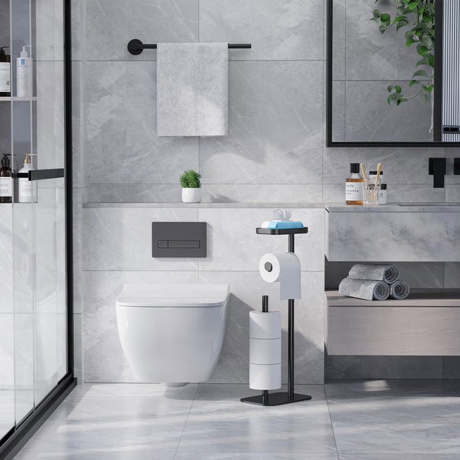 Kitsure Toilet Paper Roll Holder Free Standing – Rustproof Metal Toilet Paper Stand for 4 Rolls with Anti-Slip Base and Shelf for Phone & Small Items, Black, 63.0 x 23.5 x 15.0 cm 🍁 All In One Marketplace Canada