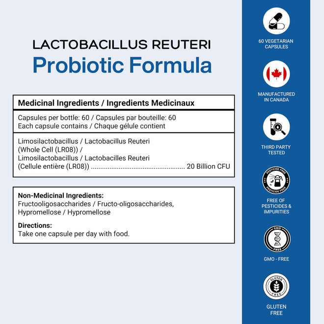 Lactobacillus Reuteri Probiotic 20 Billion CFU - L Reuteri Probiotic - Highest CFU Count, Gut Health, Yogurt Starter Culture, Probiotic With Prebiotic FOS, Made In Canada, 60 Capsules 🍁 All In One Marketplace Canada