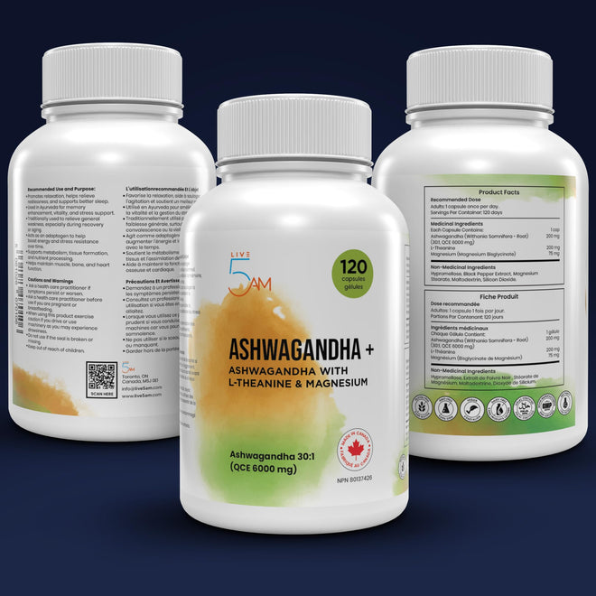 Live 5AM Ashwagandha 6000mg with L-Theanine 200mg, Magnesium Bisglycinate 75mg & Black Pepper Extract - Relaxation, Stress & Restlessness Support - 4 Month Supply, 120 Capsules - Made in Canada 🍁 All In One Marketplace Canada