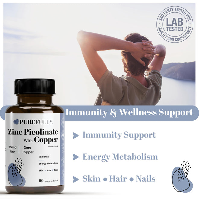 PUREFULLY Zinc Picolinate 25mg with Copper 2mg Capsules - Multi-Mineral Zinc with Copper Supplement for Immune Support - Vegan, Gluten Free (90 capsules) 🍁 All In One Marketplace Canada