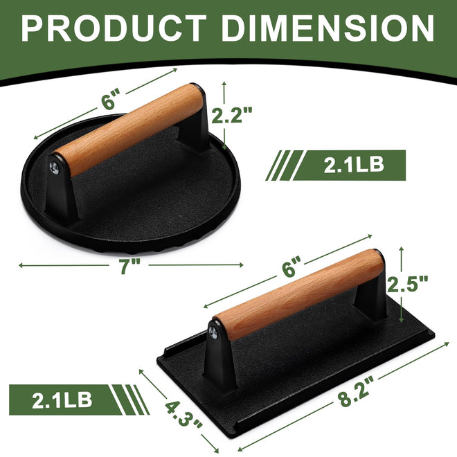 EWFEN Burger Press, 7" Round & 8.2"X4.3" Rectangle Heavy-Duty Cast Iron Smash Bacon Press Meat Steak with Wood Handle for Griddle, Sandwich, Nonstick Pan 🍁 All In One Marketplace Canada