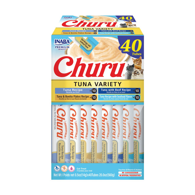 INABA Churu Cat Treats, Lickable, Squeezable Creamy Purée Cat Treat with Green Tea Extract & Taurine, 14 Grams Each Tube, 40 Tubes, Tuna Variety Box 🍁 All In One Marketplace Canada