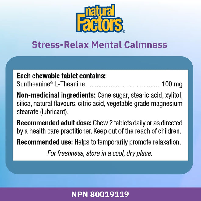 Natural Factors Stress Relax Mental Calmness, 120 Chewable Tablets, Tropical Fruit Flavour, Suntheanine L Theanine 100 mg, Promotes Deep Relaxation, Stress Relief, Proudly Canadian 🍁 All In One Marketplace Canada