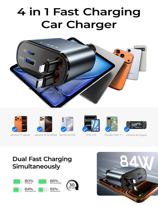 LISEN Retractable Car Charger, for Gifts for Him Her, 84W Cars Adapter USB C Fast Charger for iPhone 17 Pro Max, Car Accessories Gadgets for Men, Anniversary Birthday Gifts for Men Women 🍁 All In One Marketplace Canada
