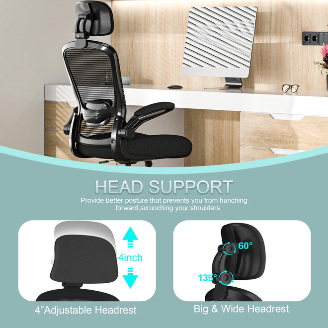 Mimoglad Office Chair, Comfy Desk Chair - High Back Ergonomic Computer Chair with Adjustable Lumbar Support & Headrest, Flip-up Armrests for Guitar Playing (Black(Black Frame)) 🍁 All In One Marketplace Canada