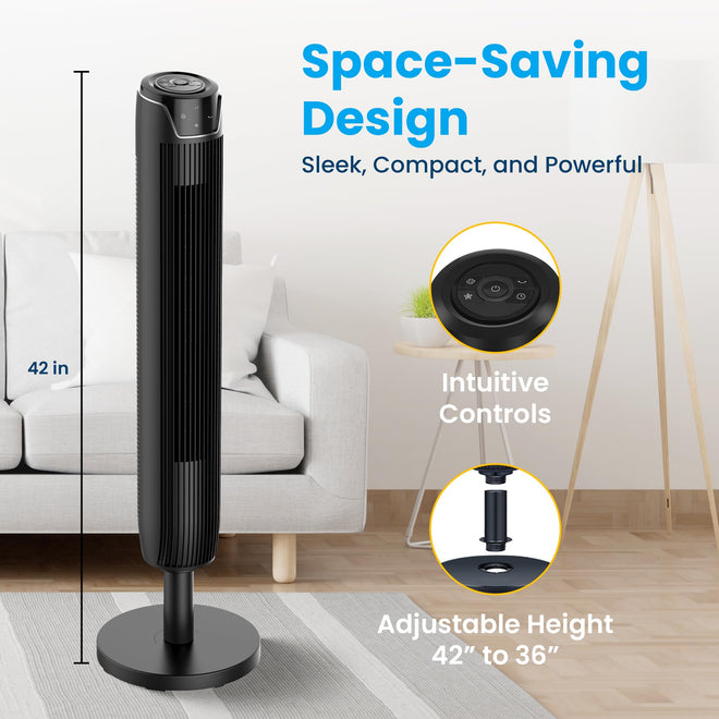 Senville 42" Oscillating Tower Fan for Bedroom, Remote, Bladeless, Quiet, 3 Modes, 7-Hour Timer, LED Display, Black 🍁 All In One Marketplace Canada