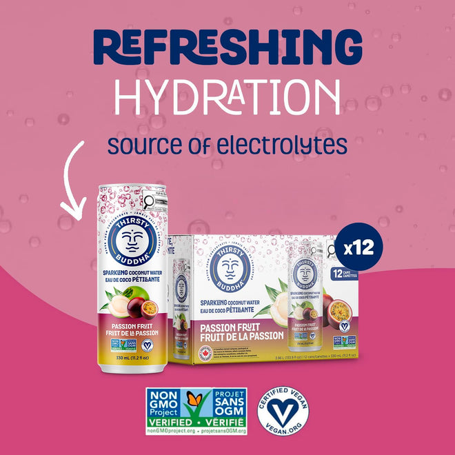 THIRSTY BUDDHA Sparkling Coconut Water with Passion Fruit, No Added Sugar, Pure Coco Drink, Natural Fruit Flavour, Electrolyte & Nutrient-Rich, 12 Pack, (12/330ml) 🍁 All In One Marketplace Canada