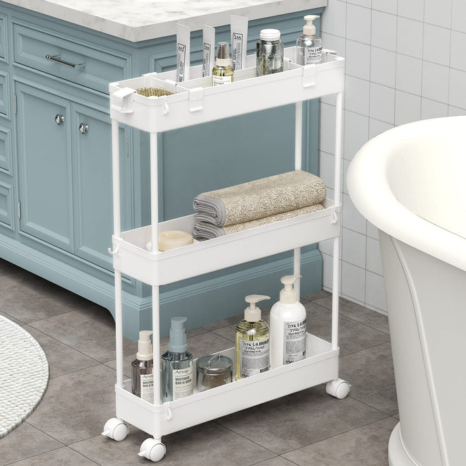 SPACELEAD Slim Storage Cart,3 Tier Bathroom Rolling Utility Cart Storage Organizer Slide Out Cart, Mobile Shelving Unit Organizer Trolley for Office Bathroom Kitchen Laundry Room Narrow Places, White 🍁 All In One Marketplace Canada