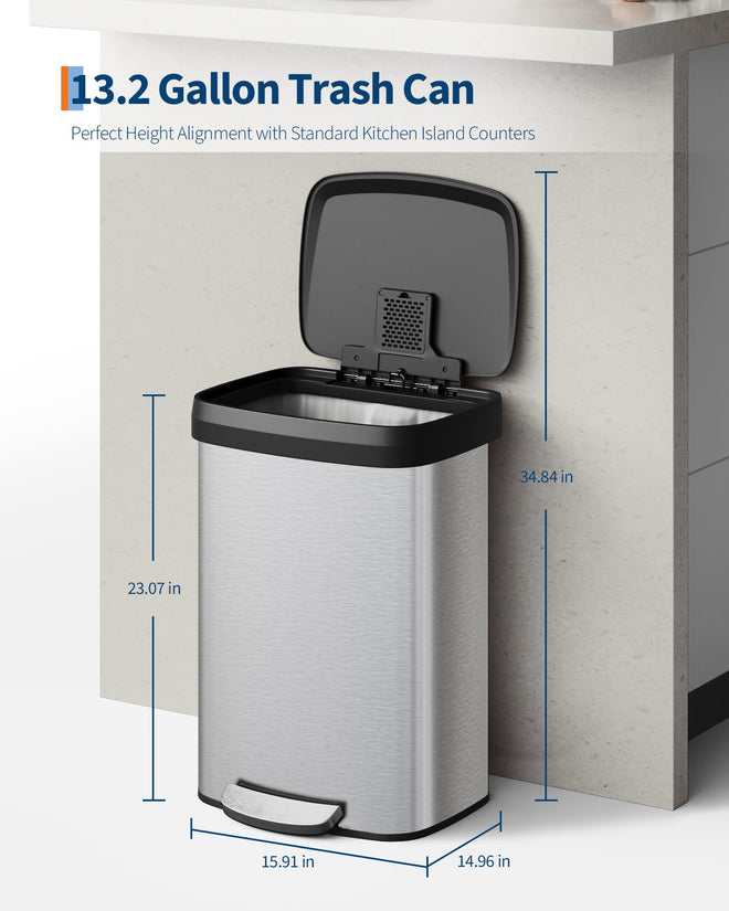 Garvee 13 gal / 50 L Stainless Steel Trash Can with Lid, Large Garbage Can for Kitchen, Rustproof Step-on Kitchen Metal Trash Bin with Liner Rim, Rear Handle, Soft Close Plastic Lid, Silver 🍁 All In One Marketplace Canada