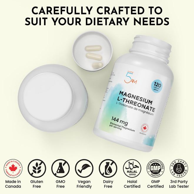 Live 5AM Magnesium L-Threonate | 144 mg Elemental Magnesium per 3 Capsules, Helps in Energy Metabolism, Bone and Teeth Maintenance, Muscle Function and Electrolyte Balance, 120 Vegan Capsules, Made in Canada 🍁 All In One Marketplace Canada
