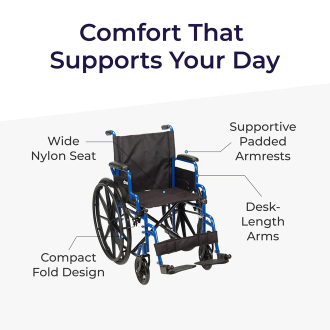 Drive Medical Single Axle Blue Streak Wheelchair, Flip Back Desk Arm, Swing Away Footrests, 18", 1 Count 🍁 All In One Marketplace Canada