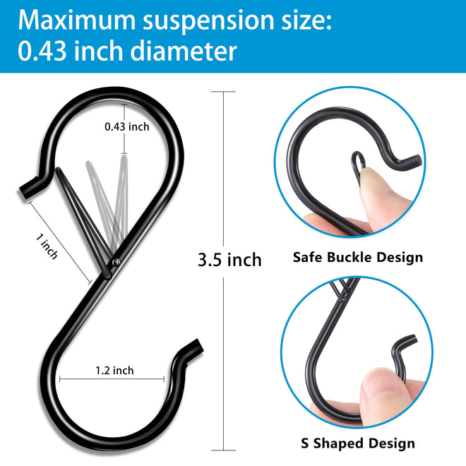 17 Pcs S Hooks for Hanging, Heavy Duty S Shaped Hooks Black, Kitchen Hooks, Closet Rod S Hanger Hooks for Plants, Pots, Towels and Bags, with Safety Buckle Design, 3.5 Inch 🍁 All In One Marketplace Canada
