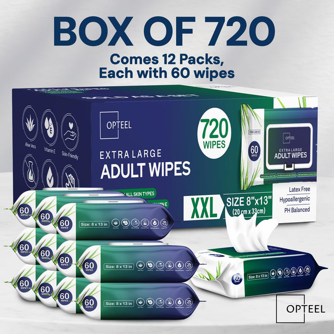 Adult Wipes For Elderly - 8"x13" 720ct (12 Packs of 60) Huge & Soft Non-Flushable Body Wipes for Adults Bathing No-Rinse - Incontinence Disposable Washcloths, Vitamin E & Aloe Infused 🍁 All In One Marketplace Canada