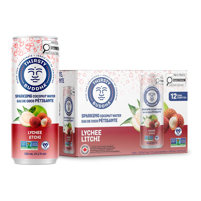 THIRSTY BUDDHA Sparkling Coconut Water with Lychee, No Added Sugar, Pure Coco Drink, Natural Fruit Flavour, Electrolyte & Nutrient-Rich, 12 Pack, (12/330ml) 🍁 All In One Marketplace Canada