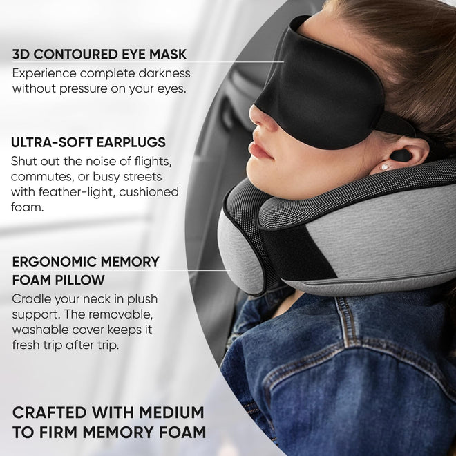 Proglobe Orthopedic Neck Pillow Travel Neck Pillows for Airplanes, Memory Foam Kit, Updated Resting Material, Airplane Travel Set with 3D Contoured Eye Masks, Earplugs, and Luxury Mesh Bag (Grey) 🍁 All In One Marketplace Canada