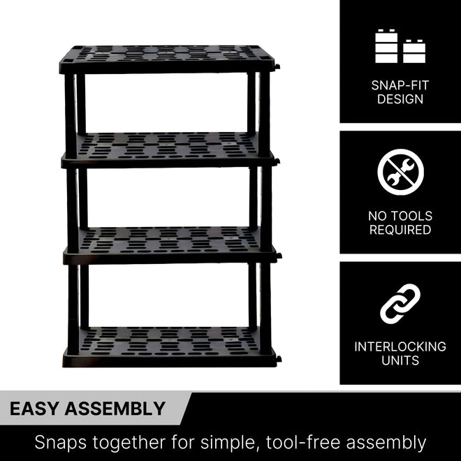Koolatron Oscar Heavy Duty Plastic Storage Shelves- for Garage, Kitchen, Bathroom Basement, Kids Room, Toys,Stackable 4-Tier Black, Organizer Rack for Books Shoes, Pantry, Cleaning, Made in Canada 🍁 All In One Marketplace Canada