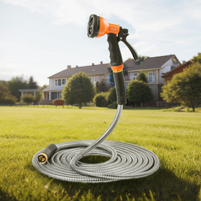 VEVOR Metal Garden Hose 100 ft, Rust Proof Stainless Steel Water Hose, Heavy Duty Backyard Hose with 10 Function Nozzle, No-Kink & Flexible Water Pipe, Lightweight Metal Hose for Yard, Outdoor 🍁 All In One Marketplace Canada