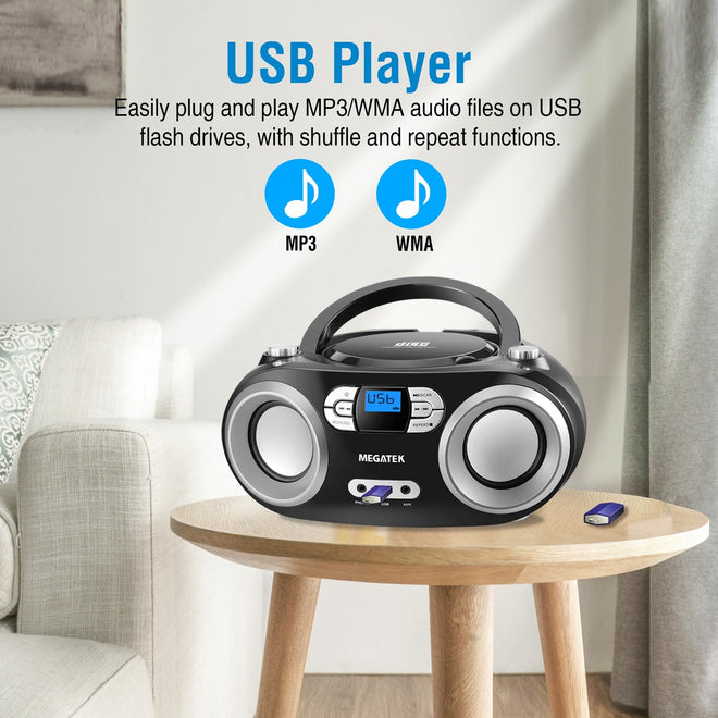 MEGATEK Portable CD Player Boombox with FM Radio, Bluetooth, USB Port, AUX Input, and Headphone Jack – CD-R/CD-RW/MP3-CD Compatible, Clear Stereo Sound, Backlit LCD Display – Black 🍁 All In One Marketplace Canada