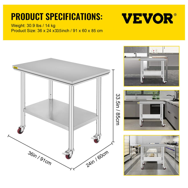 VEVOR 36x24x33.5 inch Stainless Steel Work Table with Wheels Prep Table with casters Heavy Duty Work Table for Commercial Kitchen Restaurant Business Garage 350 lb Capacity 🍁 All In One Marketplace Canada