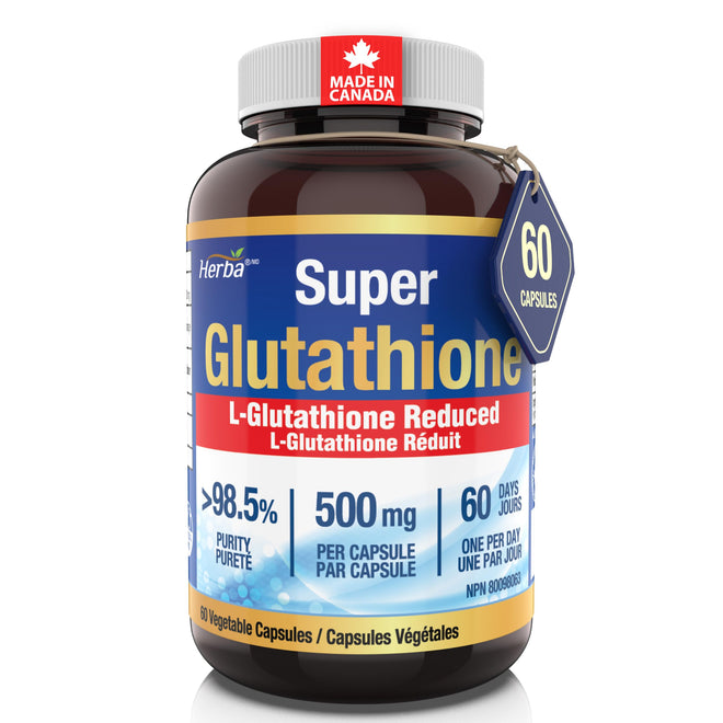 Herba Glutathione Supplement 500mg - 60 Vegetable Capsules | L Glutathione Reduced Active Form | Super Glutathione 500mg Capsule for Antioxidants | >98.5% Purity | Made in Canada 🍁 All In One Marketplace Canada