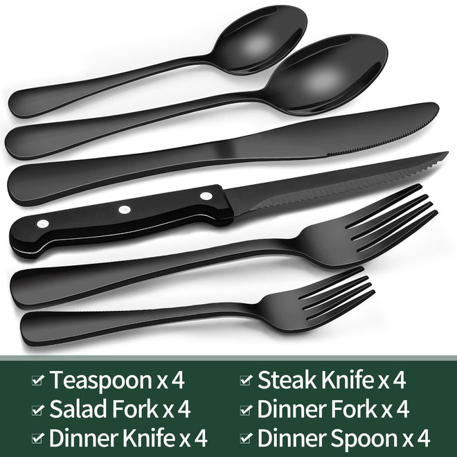 24-Piece Black Silverware Set with Steak Knives, Black Flatware Set for 4, Food-Grade Stainless Steel Tableware Cutlery Set, Mirror Finished Utensil Sets for Home Restaurant 🍁 All In One Marketplace Canada