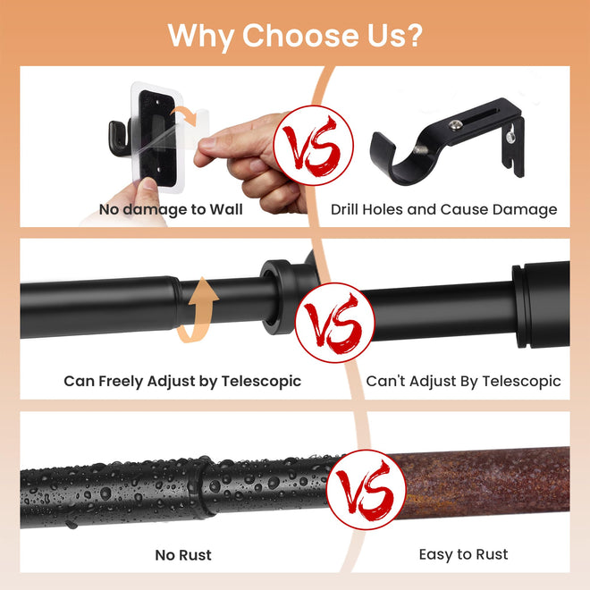 upsimples No Drill Curtain Rods for Window 48 to 84 Inches, 5/8 Inch Diameter Renter Friendly Drapery Rod with Adhesive Brackets without Drilling, Adjustable from 27 to 90 Inches, Black 🍁 All In One Marketplace Canada