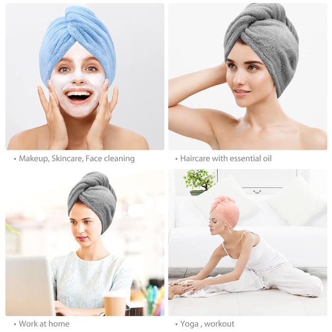 3 Pack Microfiber Hair Towel BEoffer Super Absorbent Hair Wraps for Women Wet Hair, Fast Drying Hair Turban, Hair Caps with Buttons for Drying Curly, Long & Thick Hair Anti Frizz (Gray+Pink+Blue) 🍁 All In One Marketplace Canada